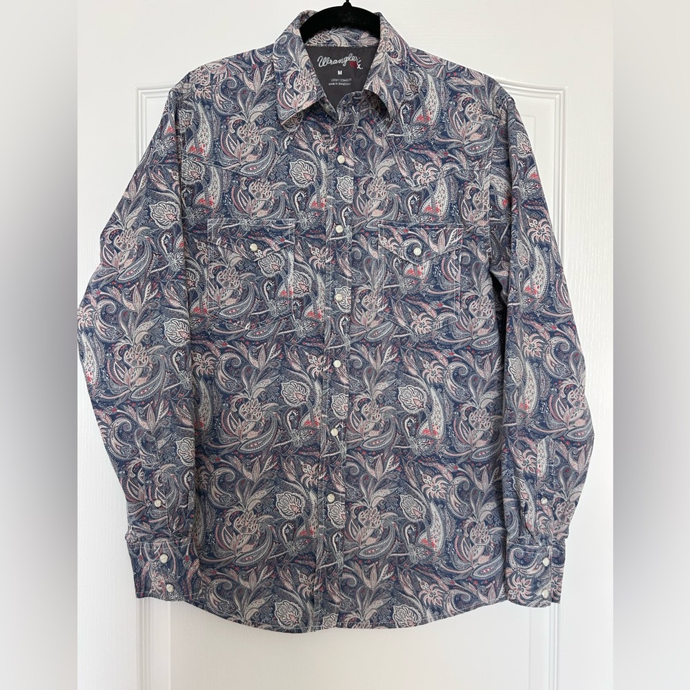 Wrangler 20X Men's Pearl Snap Western Shirt Blue Paisley Cowboy Style Medium